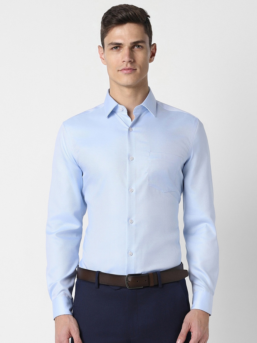 

Peter England Elite Slim Fit Textured Self Design Pure Cotton Formal Shirt, Blue