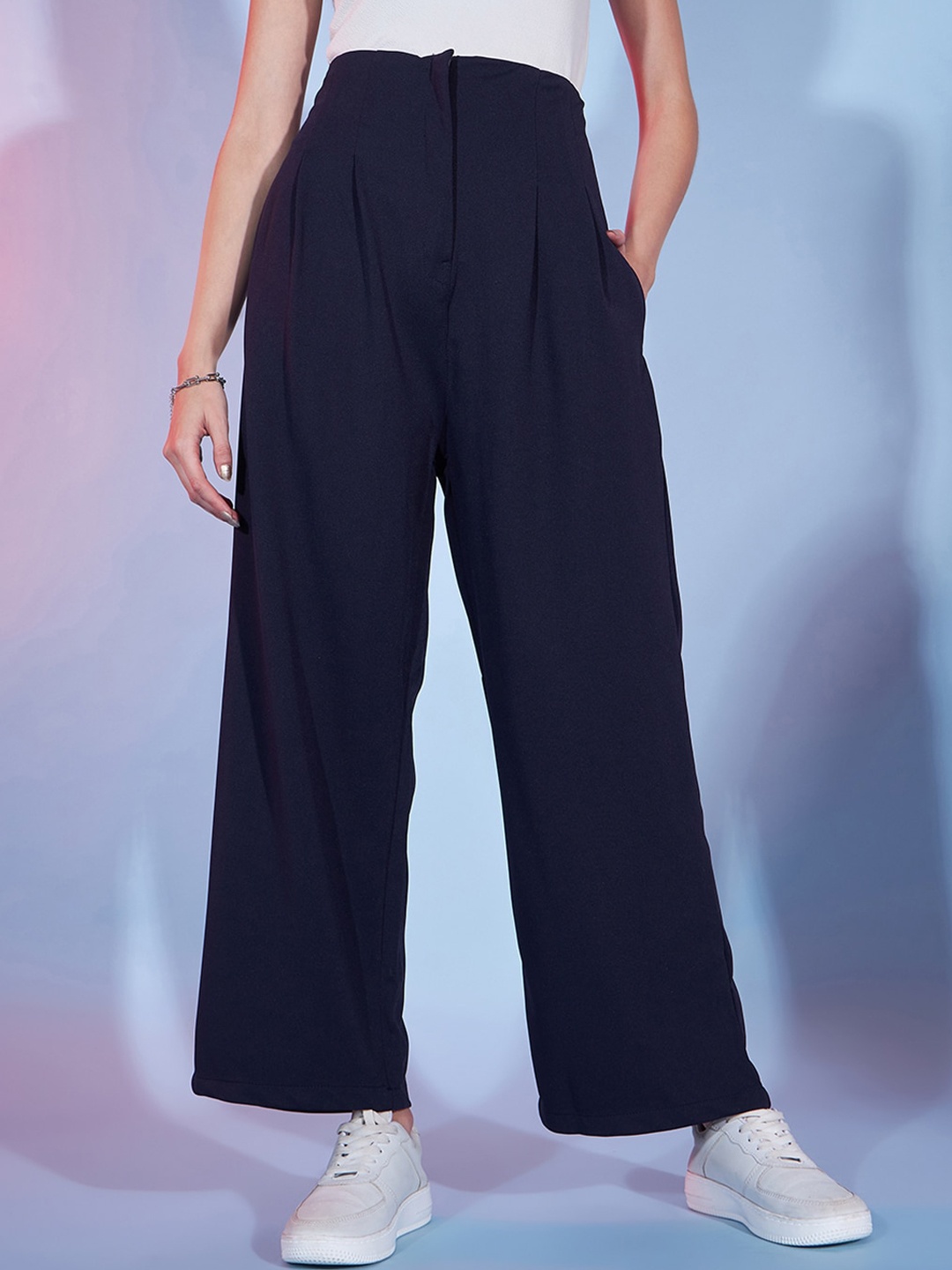 

DressBerry Women Blue Loose Fit High-Rise Easy Wash Pleated Parallel Trouser