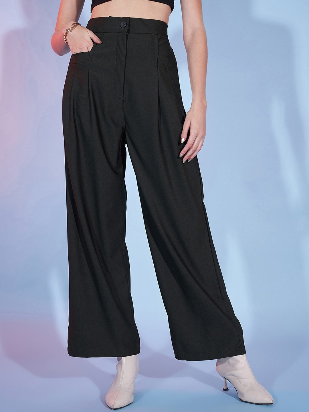 

DressBerry Women Loose Fit High-Rise Easy Wash Pleated Parallel Trousers, Olive