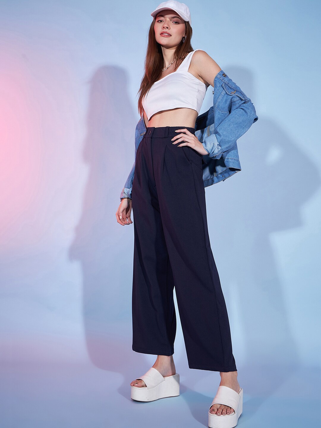 

DressBerry Women Loose Fit High Rise Easy Wash Parallel Trousers, Blue