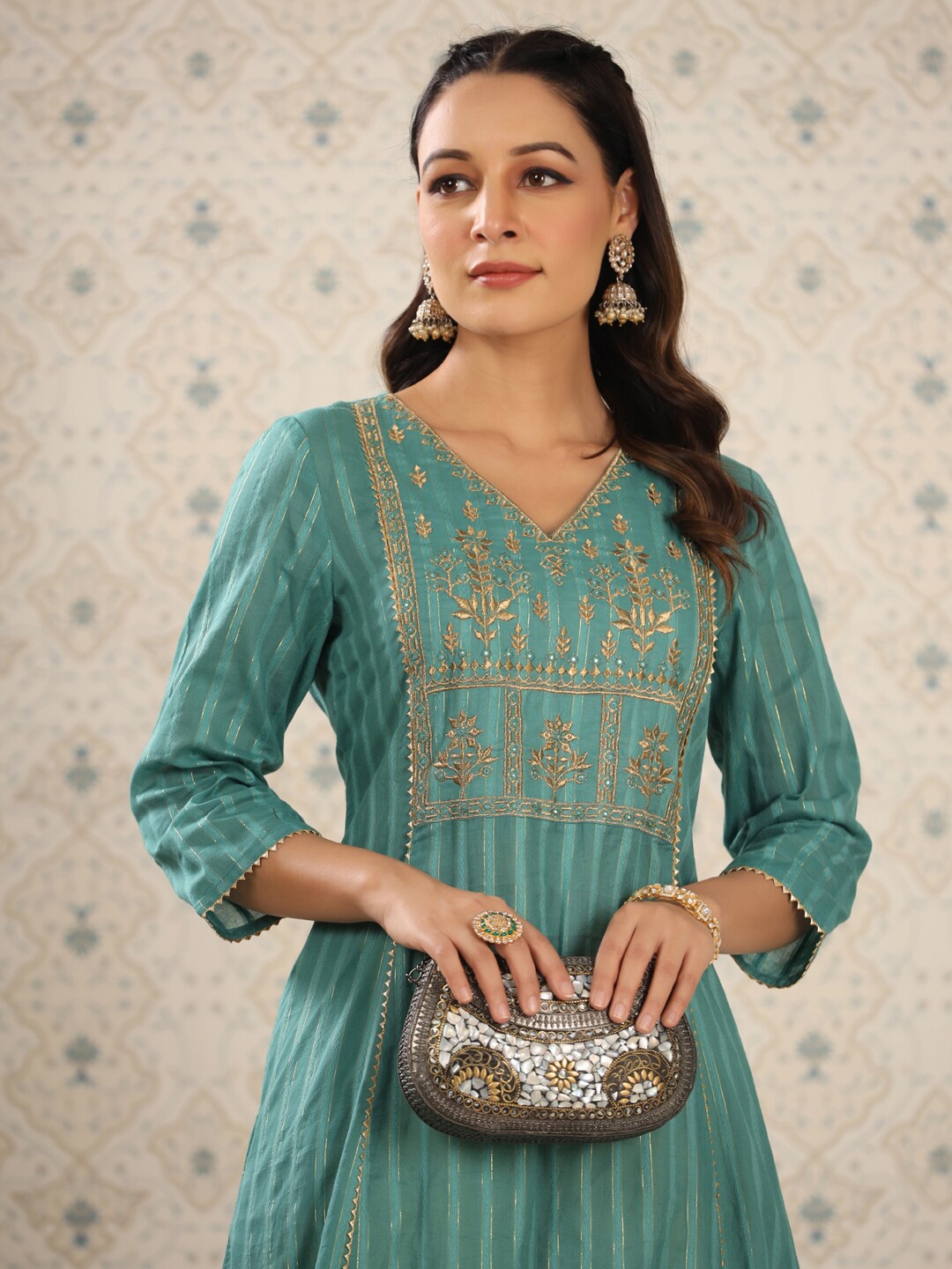

Ode by House of Pataudi Striped Mirror Work A-Line Pure Cotton Kurta, Teal