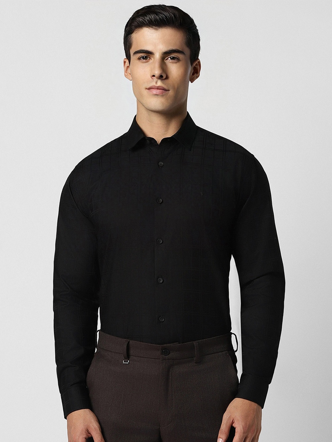 

V Dot Slim Fit Tartan Checked Opaque Pure Cotton Party Shirt, Black