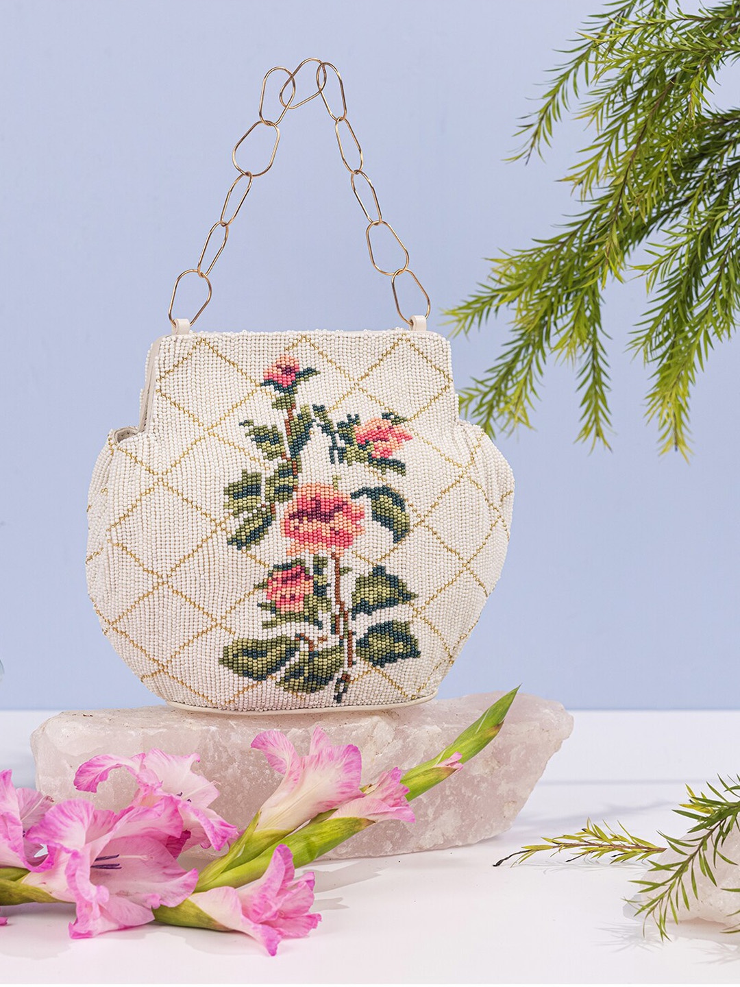 

The Leather Garden Embellished Leather Bucket Handheld Bag, Off white