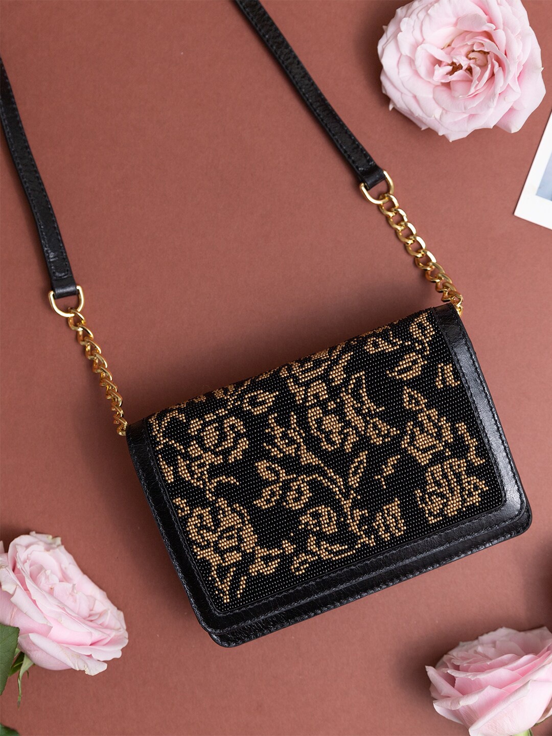 

The Leather Garden Embellished Leather Structured Sling Bag, Black