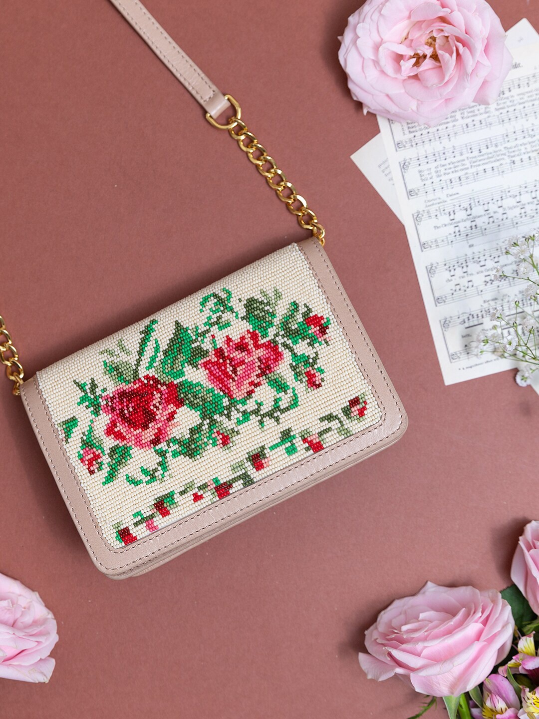 

The Leather Garden Embellished Leather Structured Sling Bag, Nude