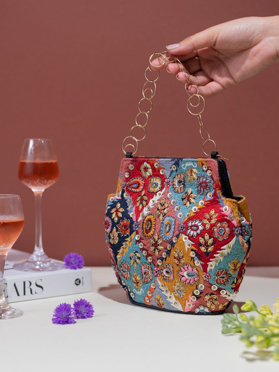 

The Leather Garden Embroidered Embellished Leather Potli Bag, Red