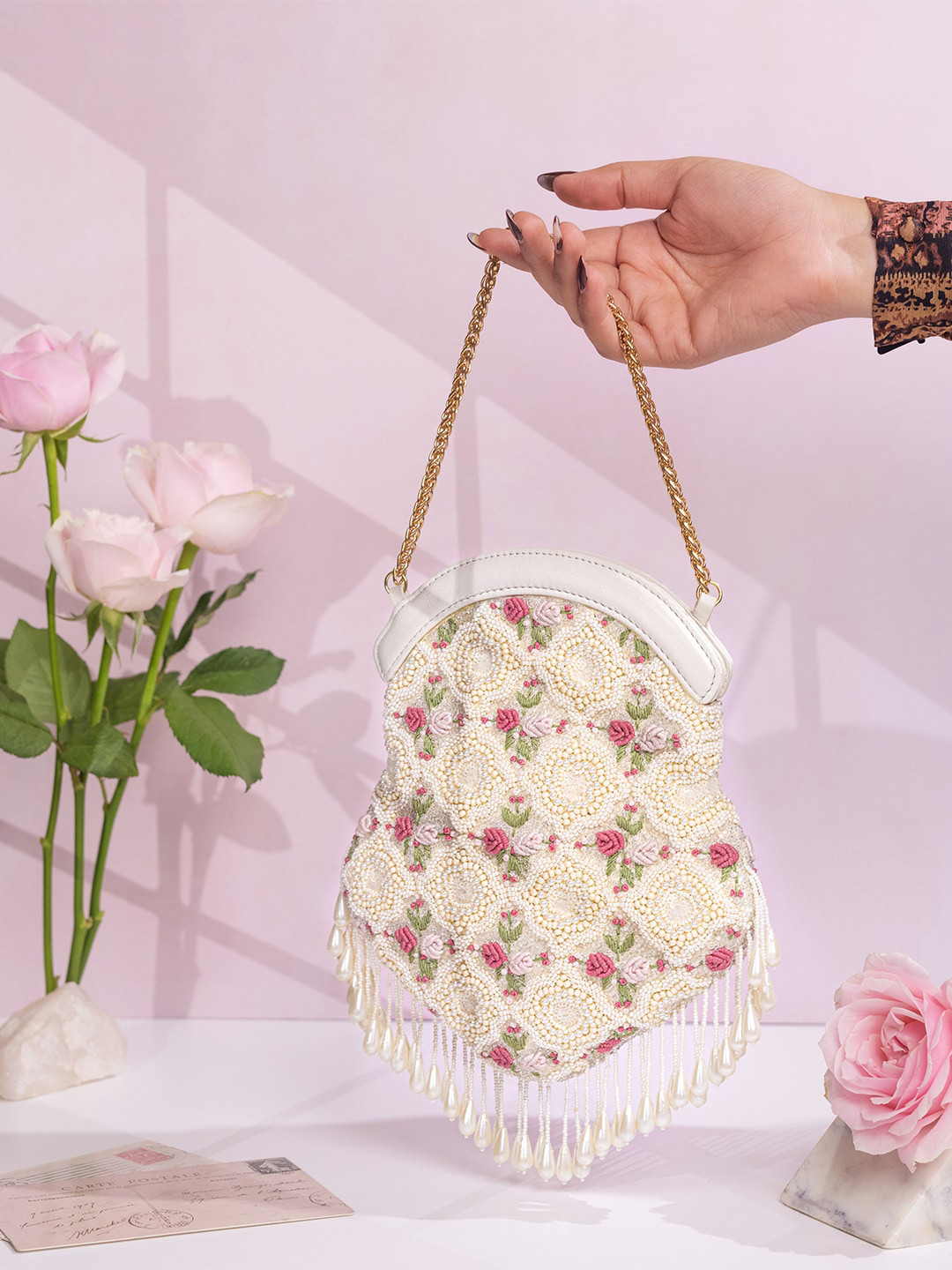 

The Leather Garden Embellished Leather Potli Bag, Off white