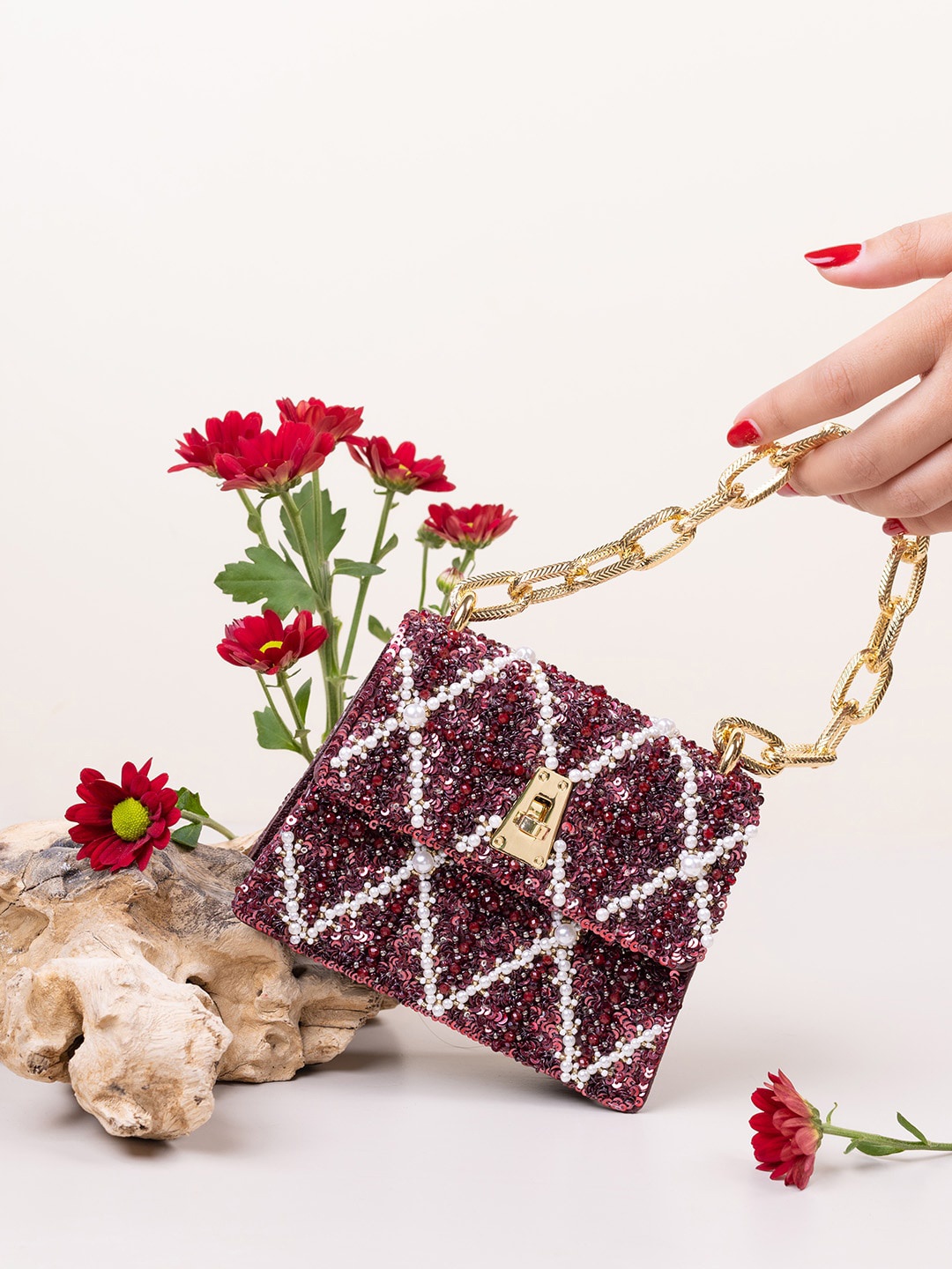 

The Leather Garden Sequinned Embellished Leather Structured Handheld Bag, Red