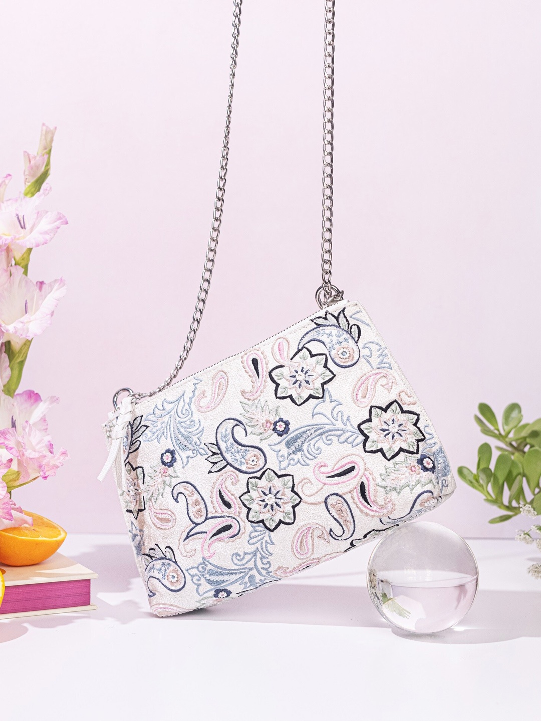 

The Leather Garden Embroidered Leather Structured Sling Bag, Off white