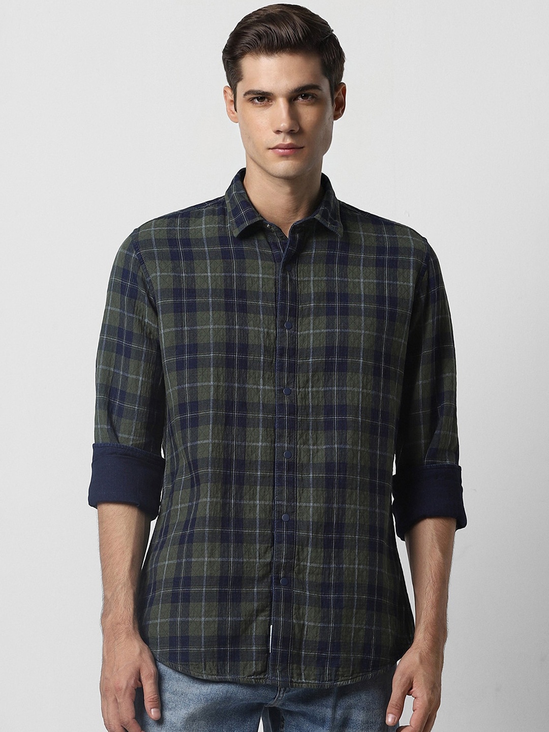 

VAN HEUSEN DENIM LABS Slim Fit Opaque Checked Cotton Casual Shirt, Green