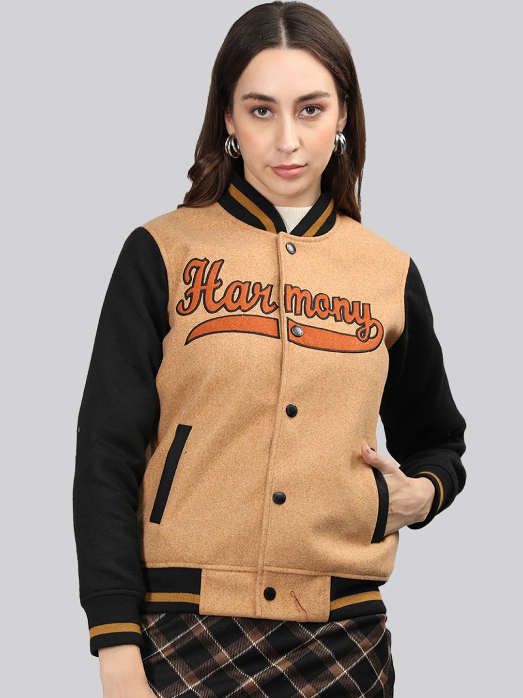 

CHKOKKO Typography Printed Mock Collar Varsity Jacket, Camel brown