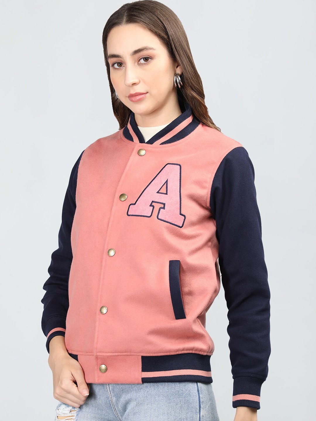 

CHKOKKO Typography Printed Mock Collar Varsity Jacket, Peach