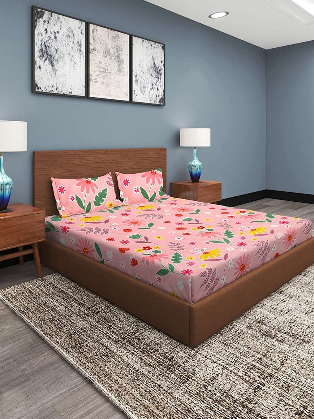 

DECOR VATIKA Pink Floral 144 TC Queen Fitted Bedsheet with 2 Pillow Covers