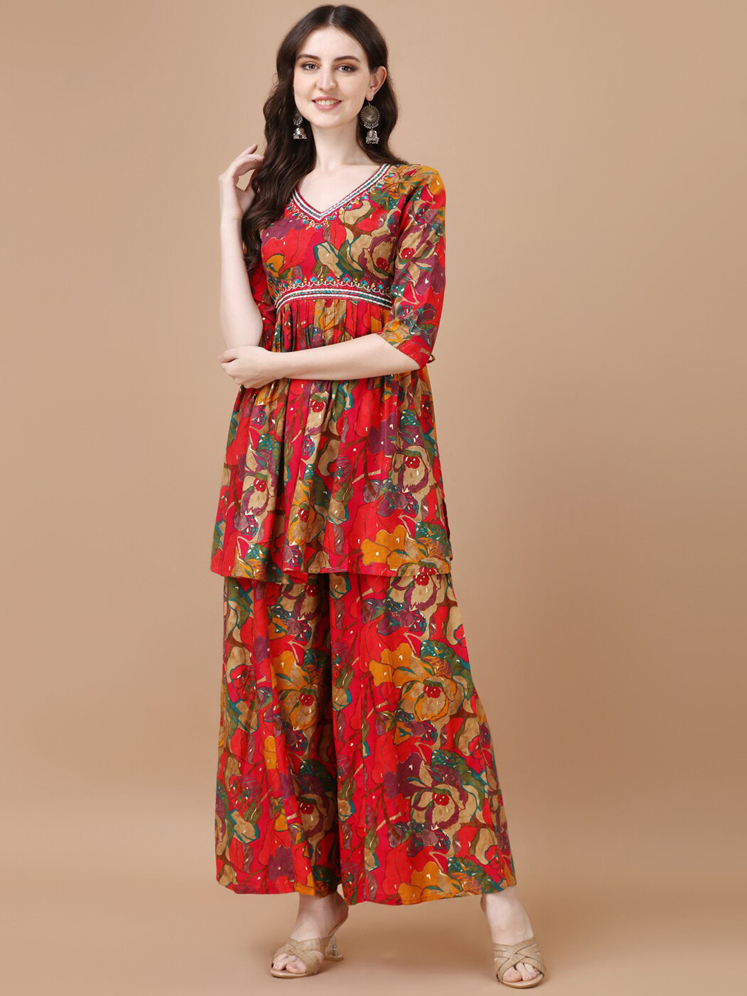

Mclothings Floral Printed V-Neck Thread Work Pleated A-Line Kurta With Palazzo, Red