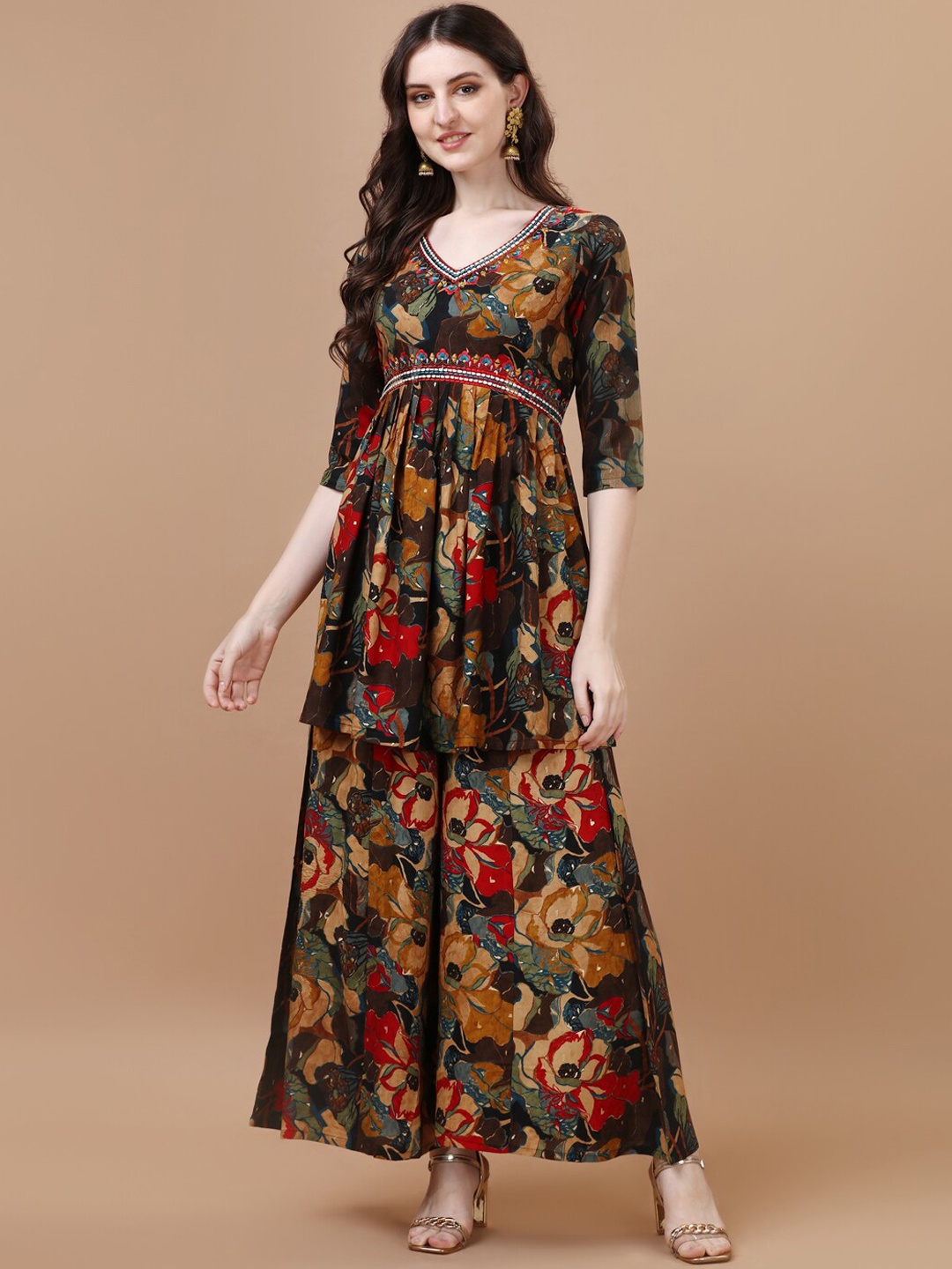 

Mclothings Floral Printed V-Neck Thread Work Pleated A-Line Kurta With Palazzo, Black