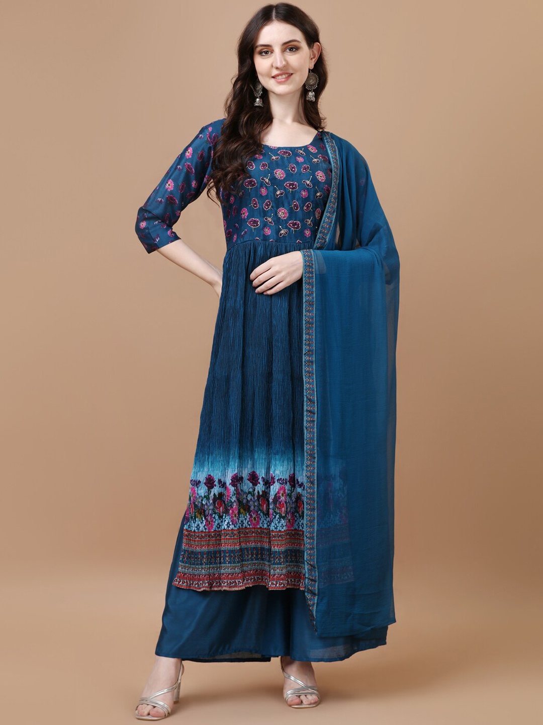 

Mclothings Floral Printed Regular Kurta With Palazzos & With Dupatta, Blue