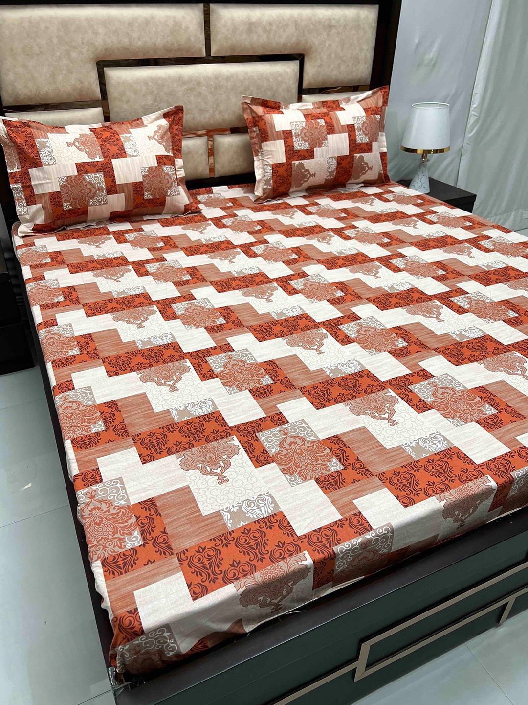 

Pure Decor Sapphire Orange Ethnic Cotton 260 TC Fitted King Bedsheet with 2 Pillow Covers