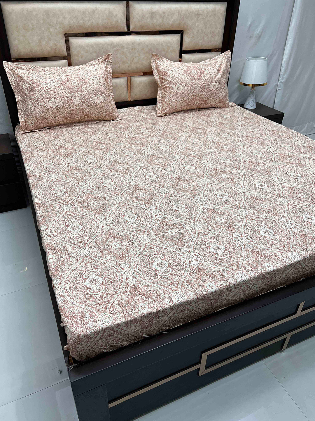 

Pure Decor Sapphire Brown Ethnic Cotton 260 TC Fitted King Bedsheet with 2 Pillow Covers