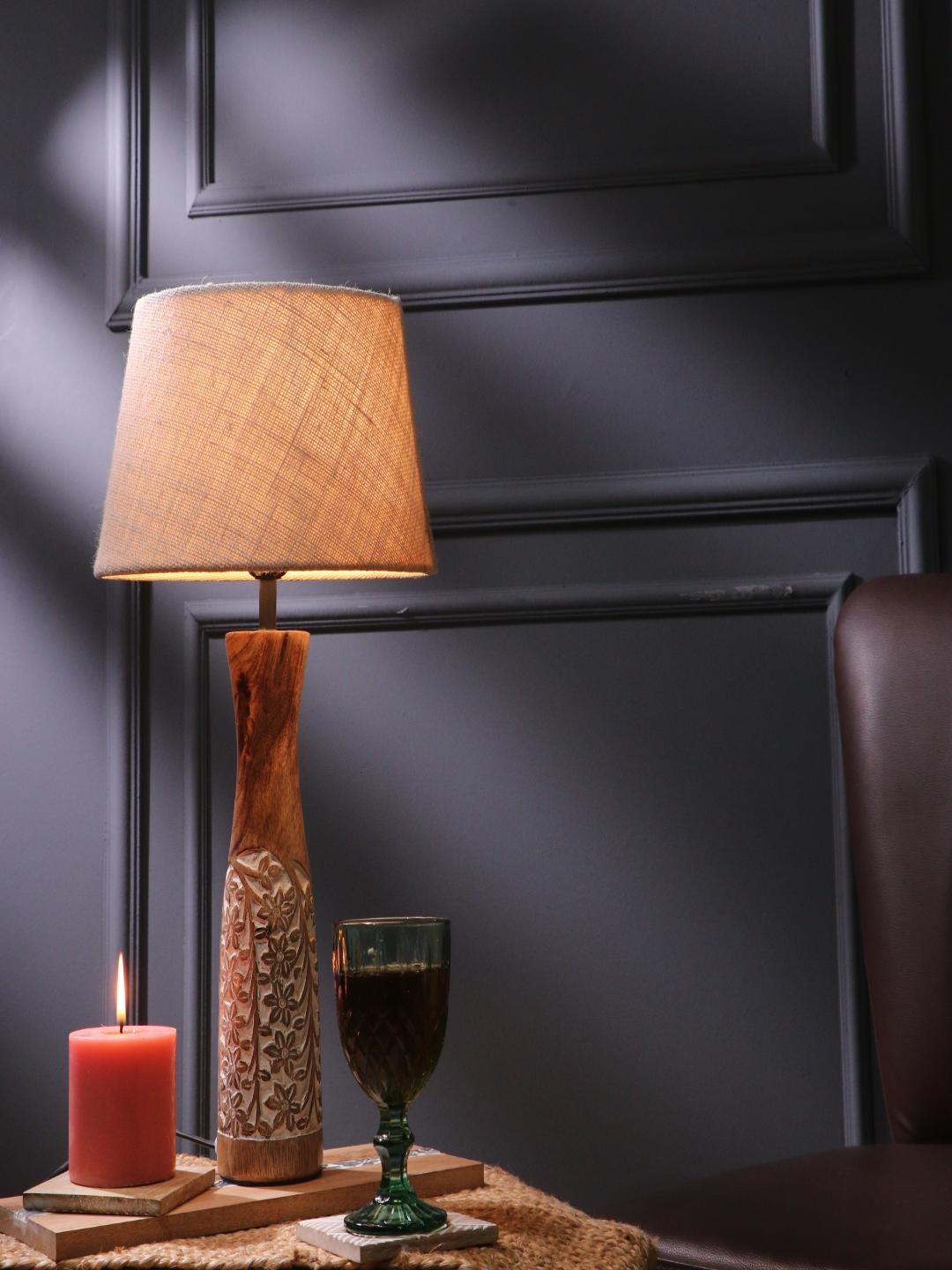 The Decor Mart White & Brown Textured Wooden Table Lamp with Jute Shade