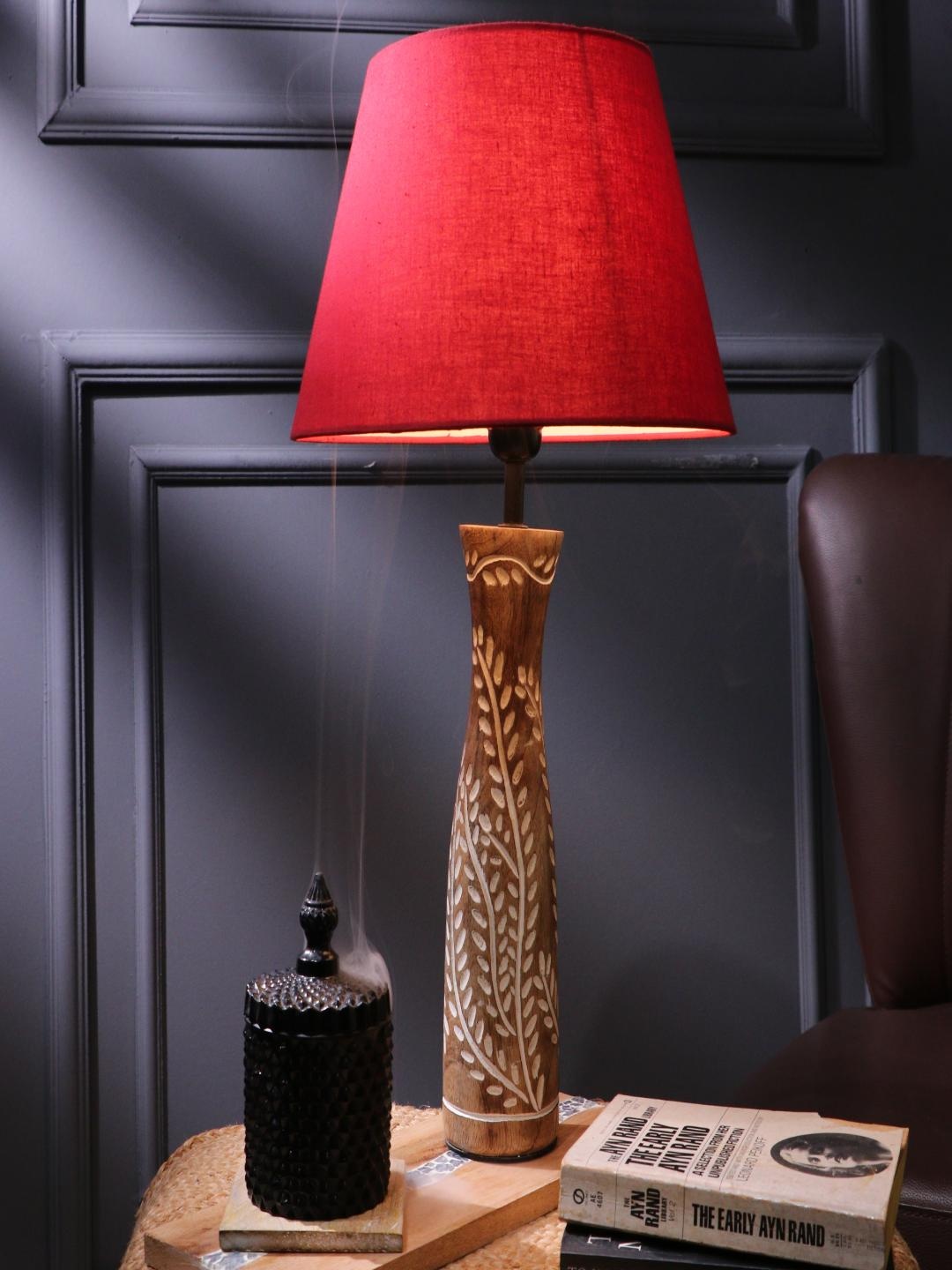 

The Decor Mart Red Leaf Embossed Traditional Art Shade Bedside Table Lamp