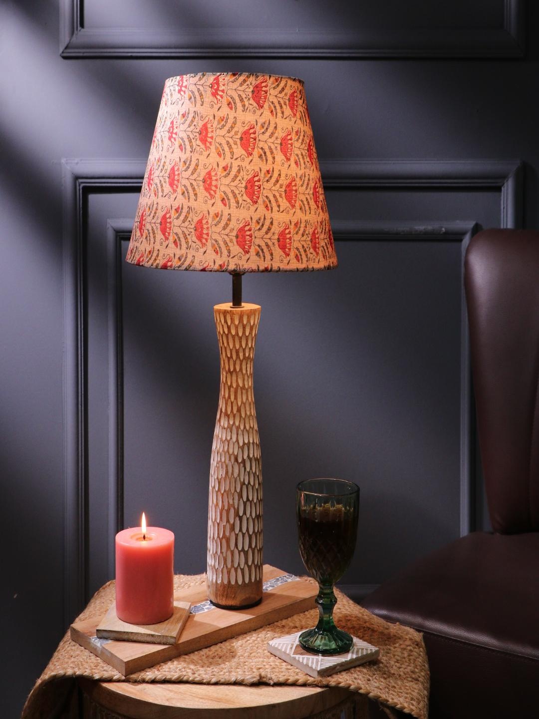 

The Decor Mart Beige & Red Floral Printed Frustum Shaped Table Lamp