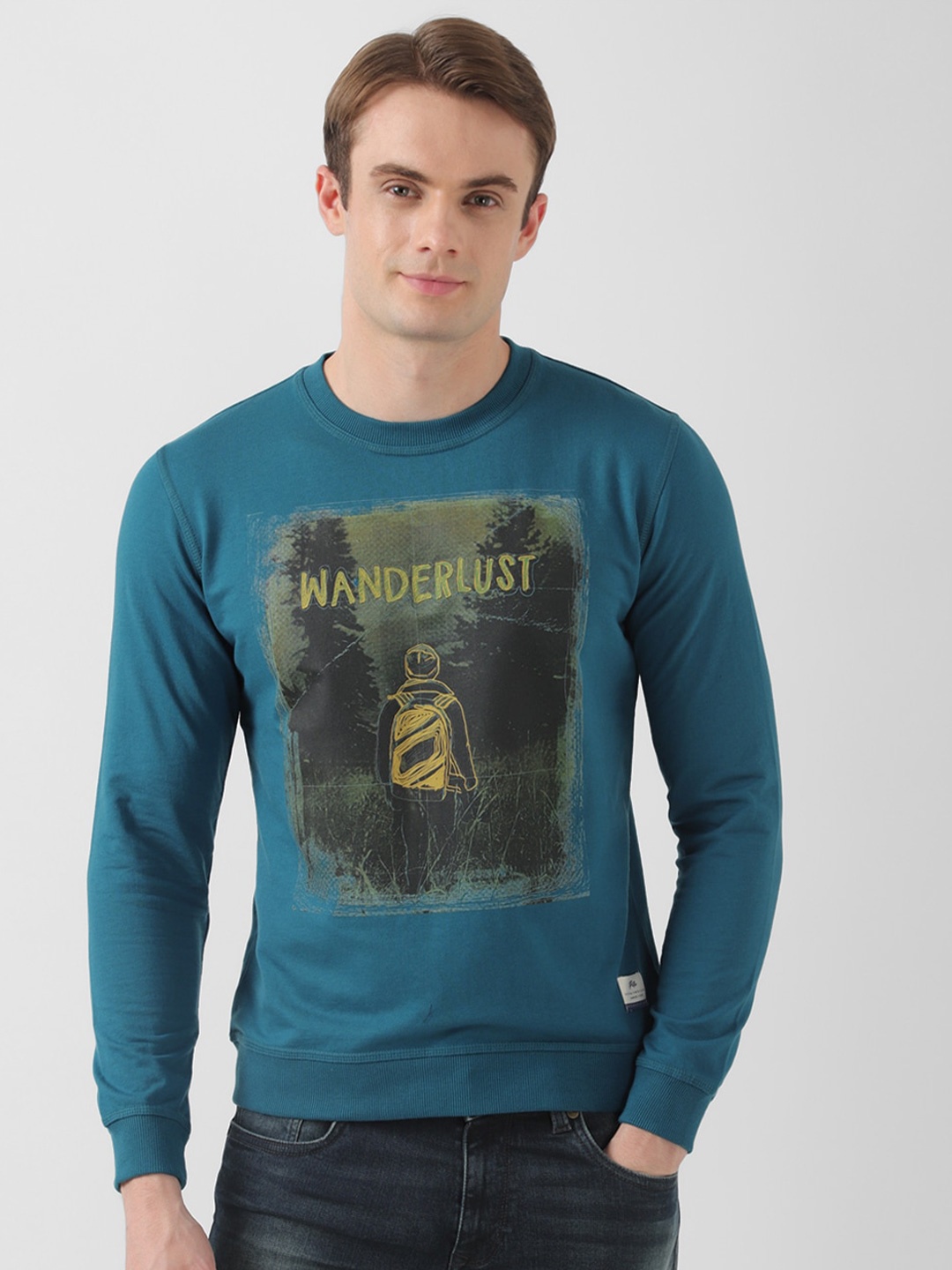 

Peter England Casuals Graphic Printed Long Sleeves Pure Cotton Pullover, Blue