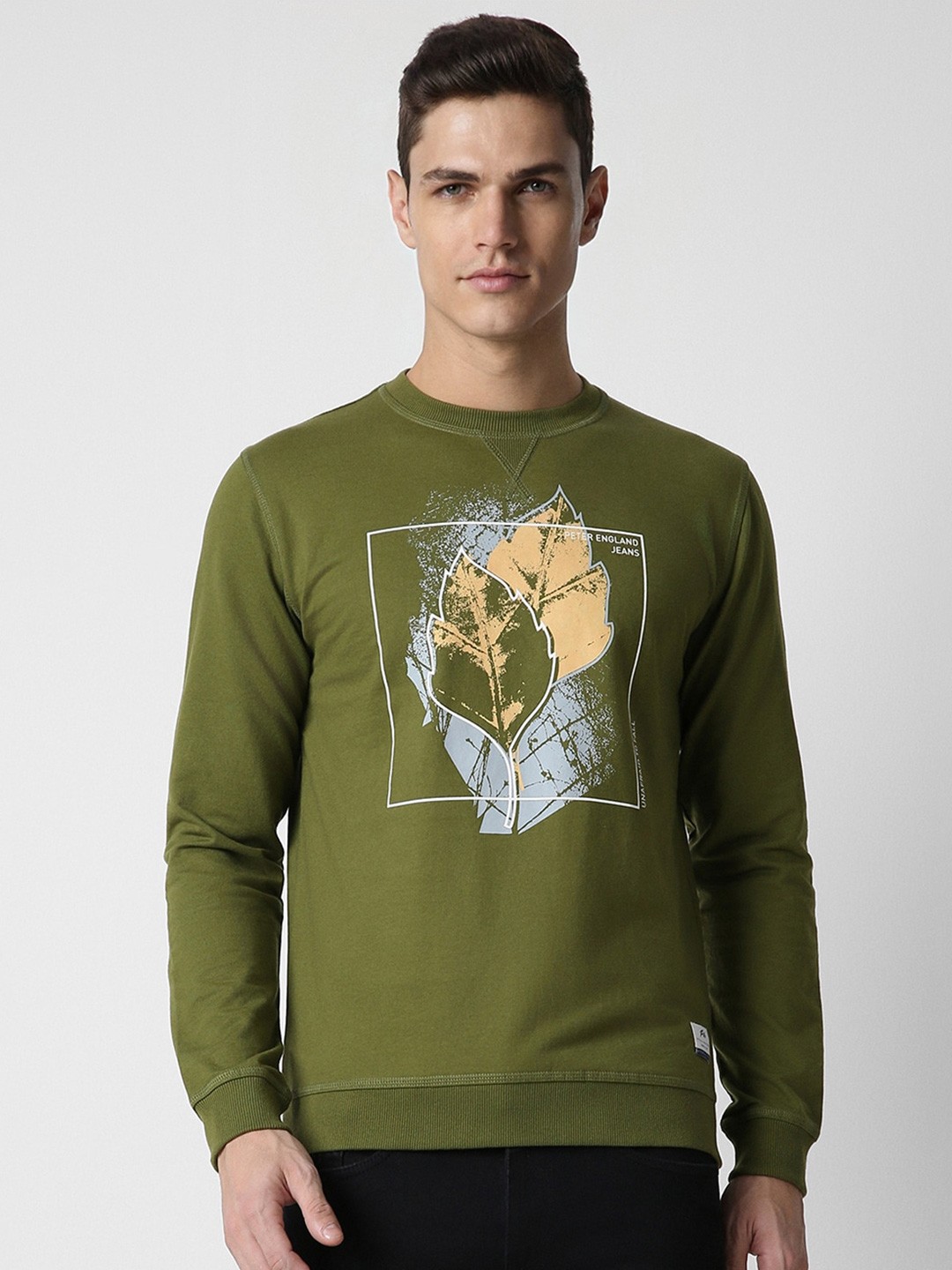 

Peter England Casuals Graphic Printed Long Sleeves Pure Cotton Pullover, Olive