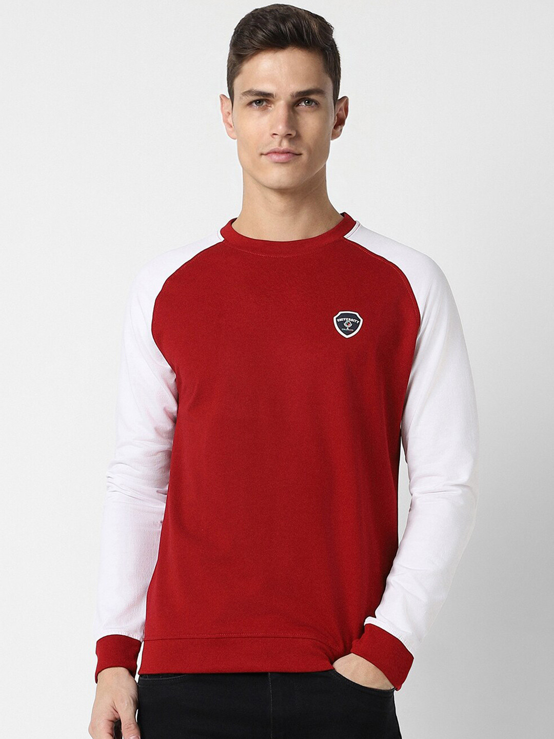 

Peter England Casuals Colourblocked Pullover Sweatshirt, Red
