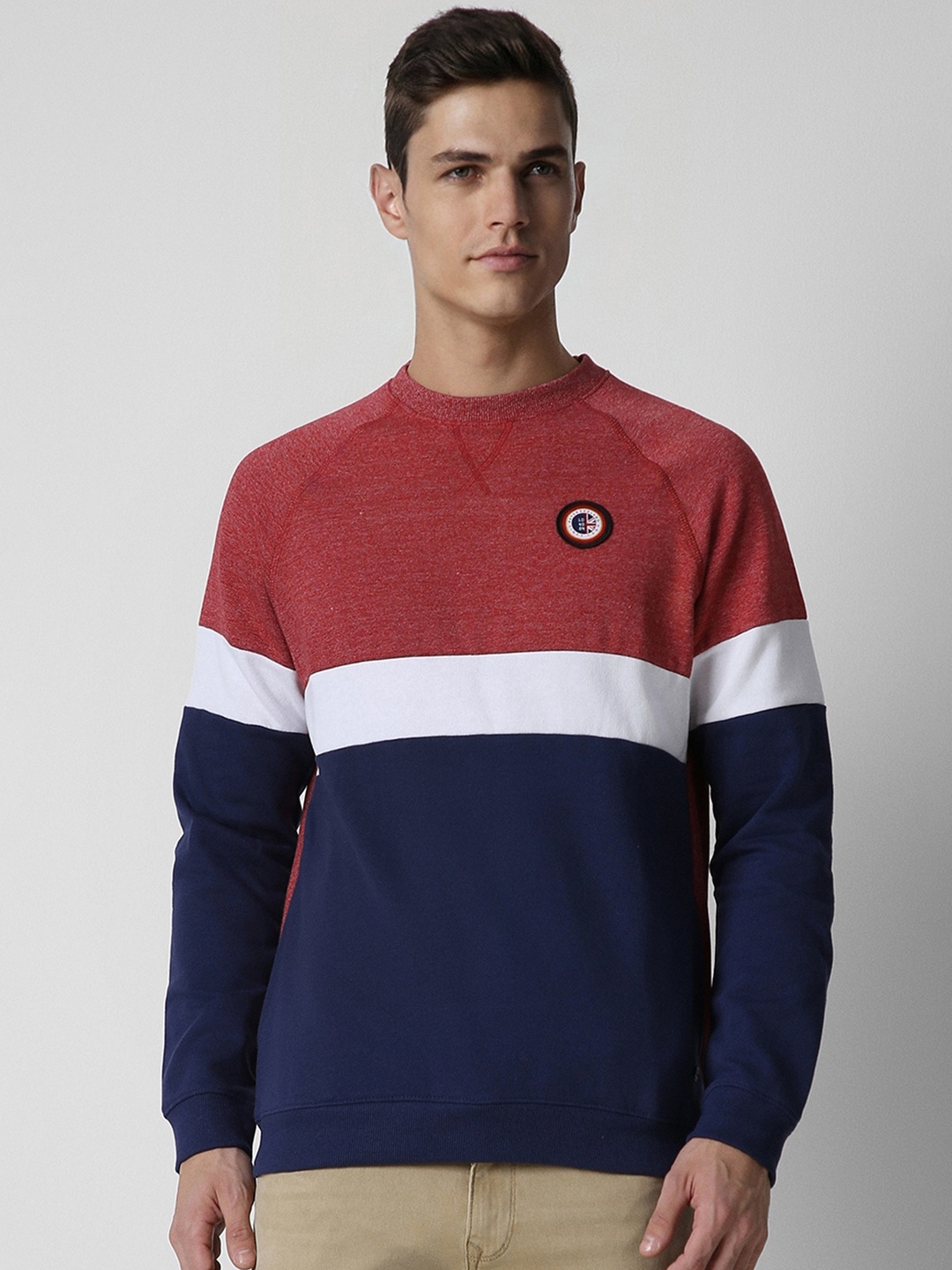 

Peter England Casuals Colourblocked Crew Neck Pullover Sweatshirt, Maroon