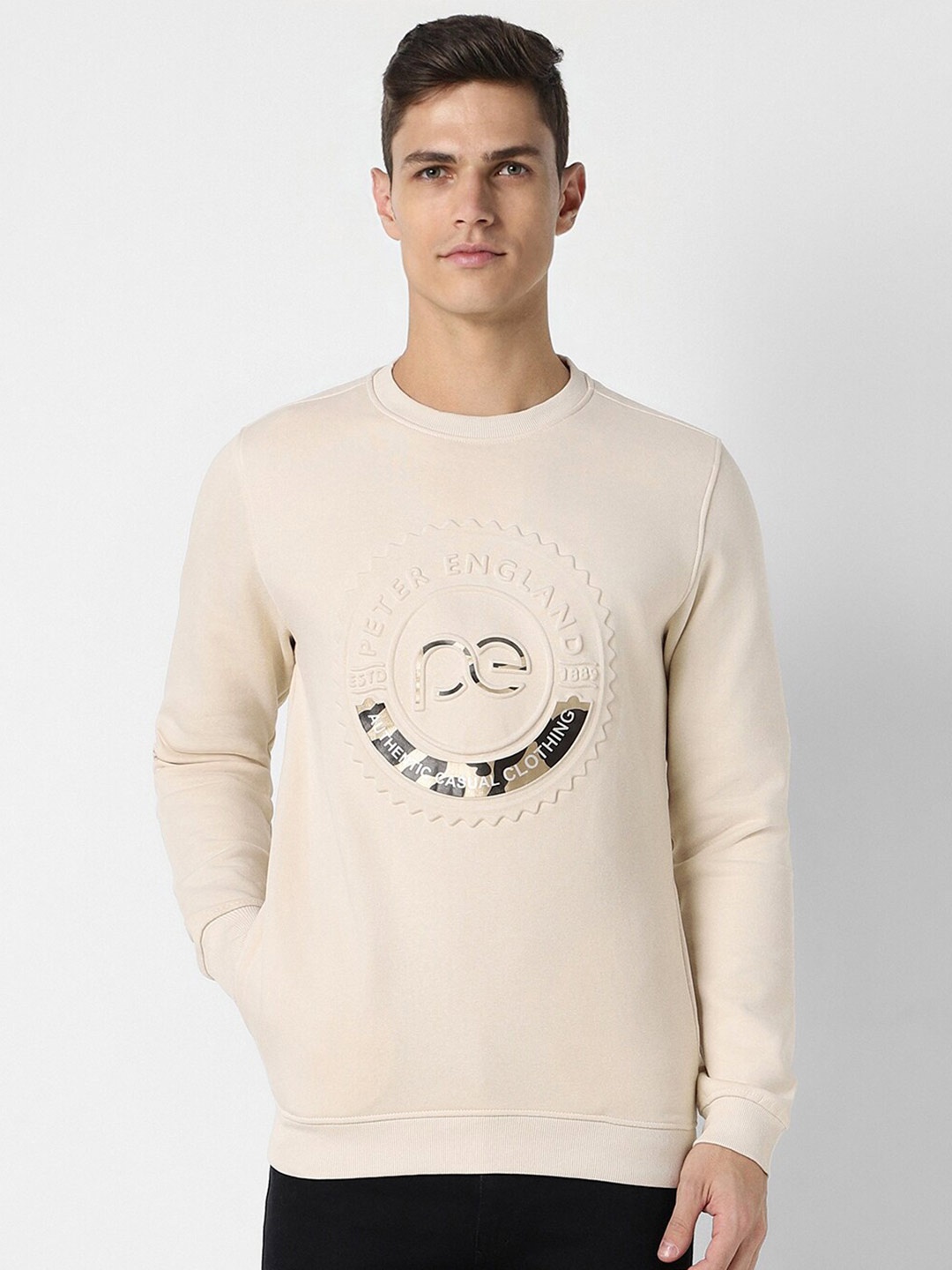 

Peter England Casuals Typography Printed Crew Neck Pullover Sweatshirt, Cream