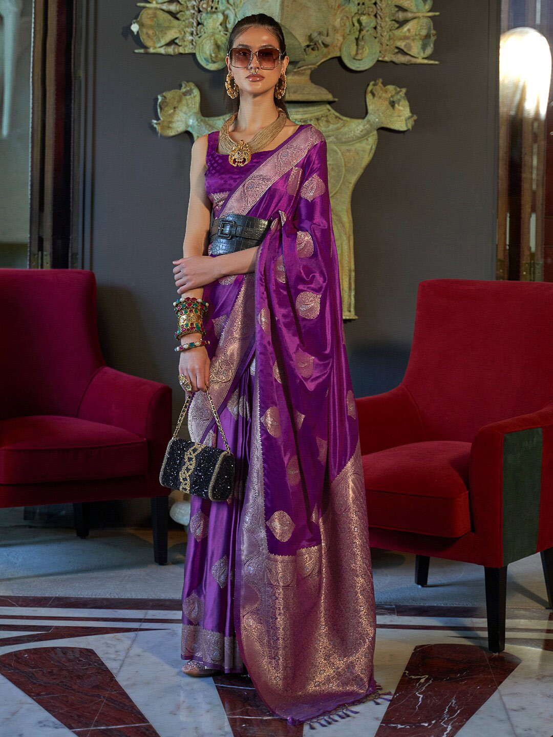 

DEVATITHI Ethnic Motifs Woven Design Zari Detailed Banarasi Saree, Purple