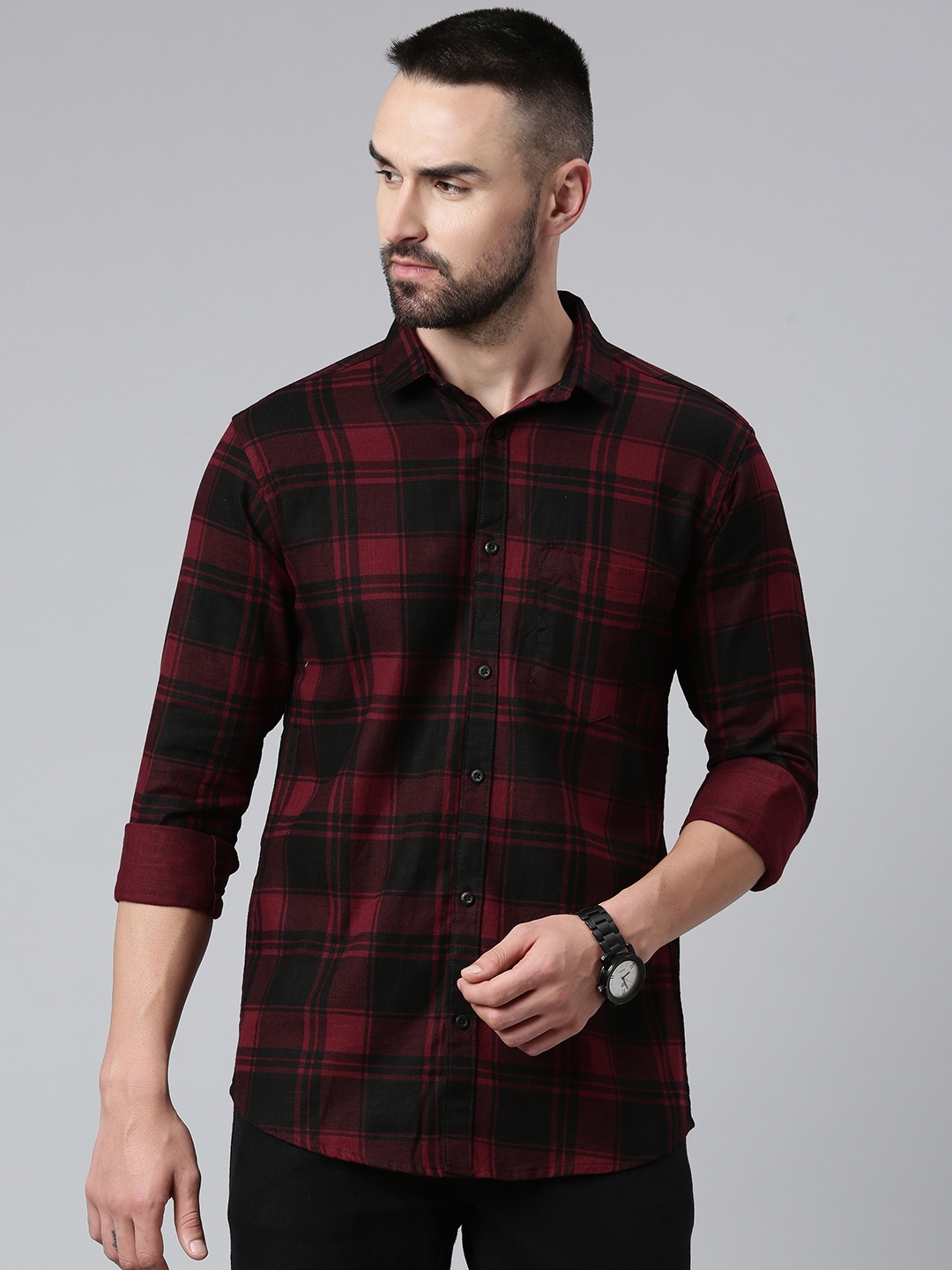 

Majestic Man Men Comfort Slim Fit Tartan Checked Cotton Casual Shirt, Maroon