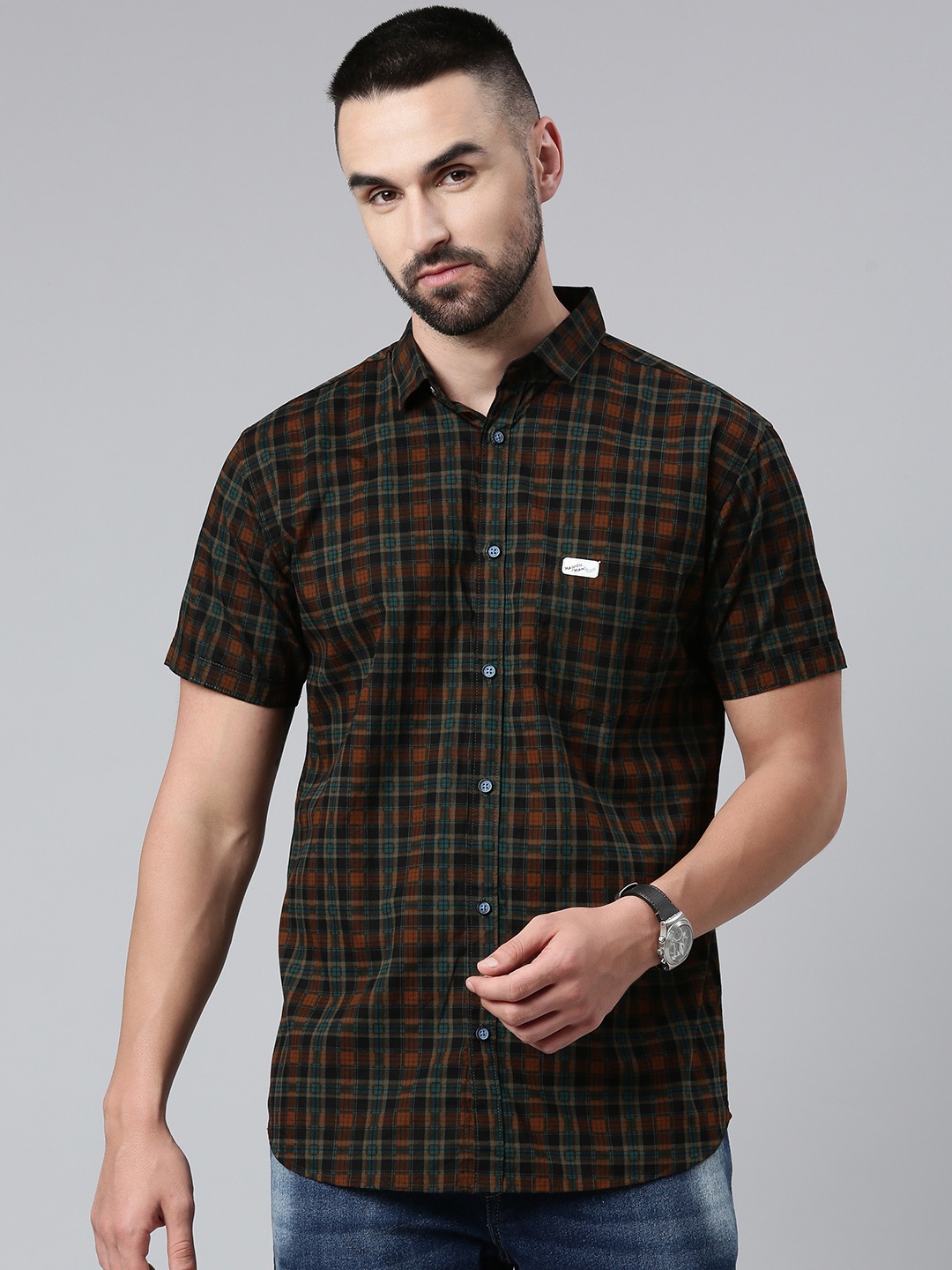 

Majestic Man Men Comfort Slim Fit Tartan Checked Cotton Casual Shirt, Rust