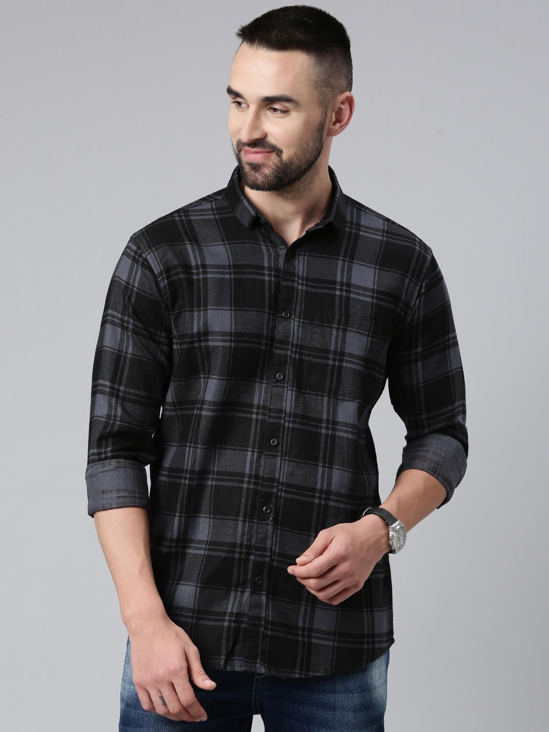 

Majestic Man Men Comfort Slim Fit Tartan Checked Cotton Casual Shirt, Grey