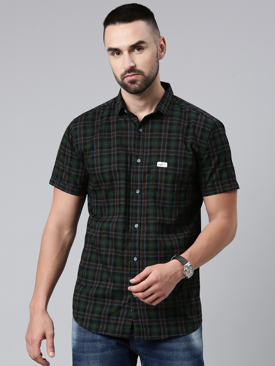 

Majestic Man Men Comfort Slim Fit Checked Pure Cotton Casual Shirt, Olive