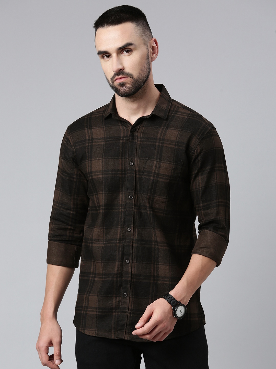 

Majestic Man Men Comfort Slim Fit Tartan Checked Cotton Casual Shirt, Brown