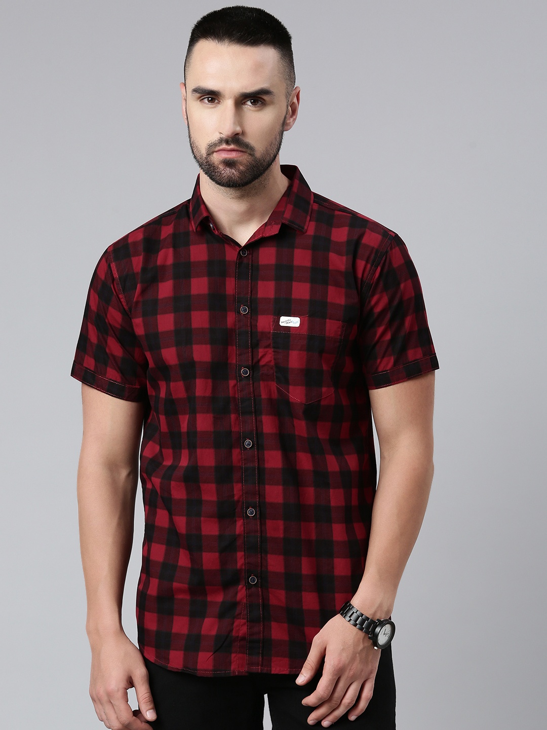 

Majestic Man Men Comfort Slim Fit Buffalo Checks Pure Cotton Casual Shirt, Maroon