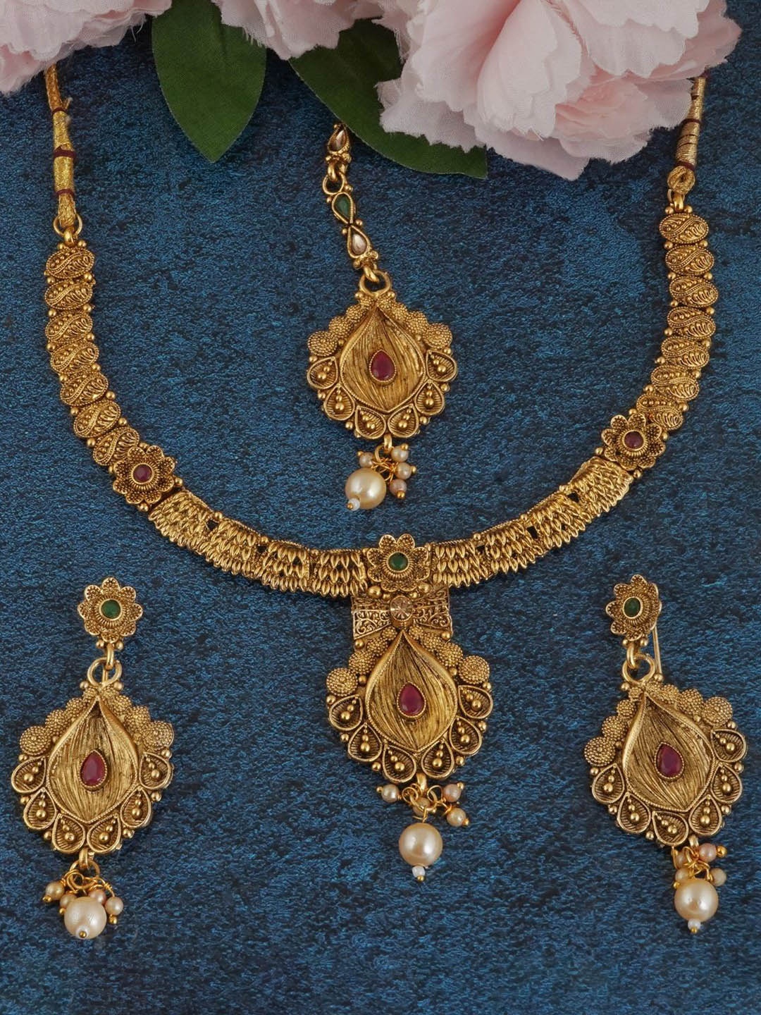 

MANSIYAORANGE Gold-Plated Pearls & Stones Studded Antique Jewellery Set