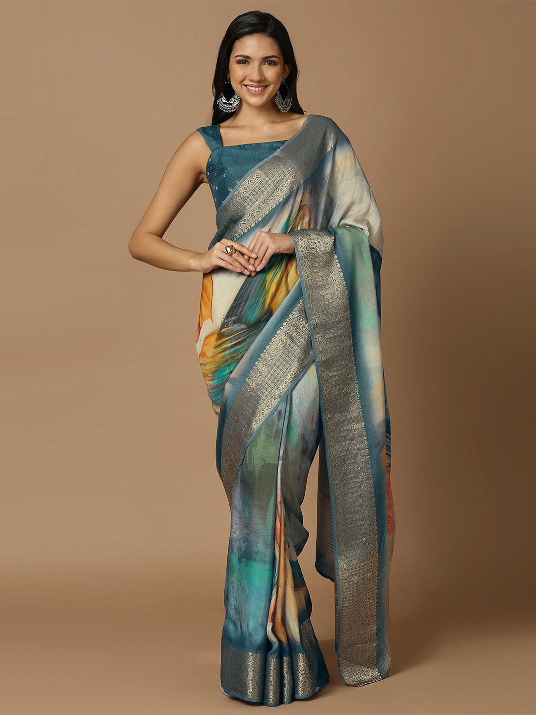 

SALWAR STUDIO Floral Printed Saree, Teal