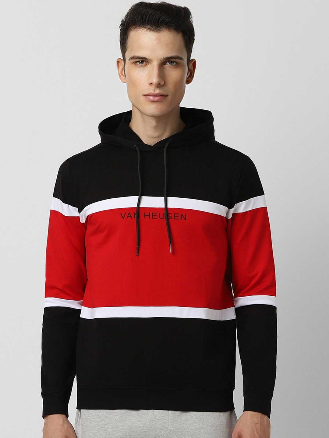 

Van Heusen Flex Colourblocked Hooded Pullover Sweatshirt, Black