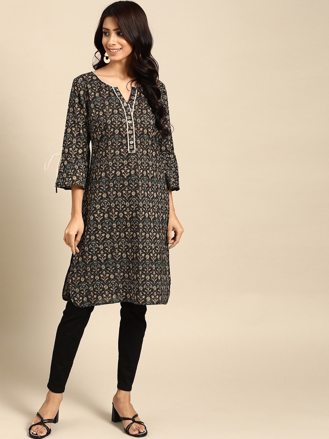 

RANGMAYEE Floral Printed V-Neck Pure Cotton Kurti, Grey