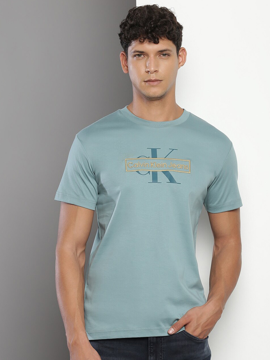 

Calvin Klein Jeans Brand Logo Printed Embroidered Pure Cotton T-Shirt, Teal