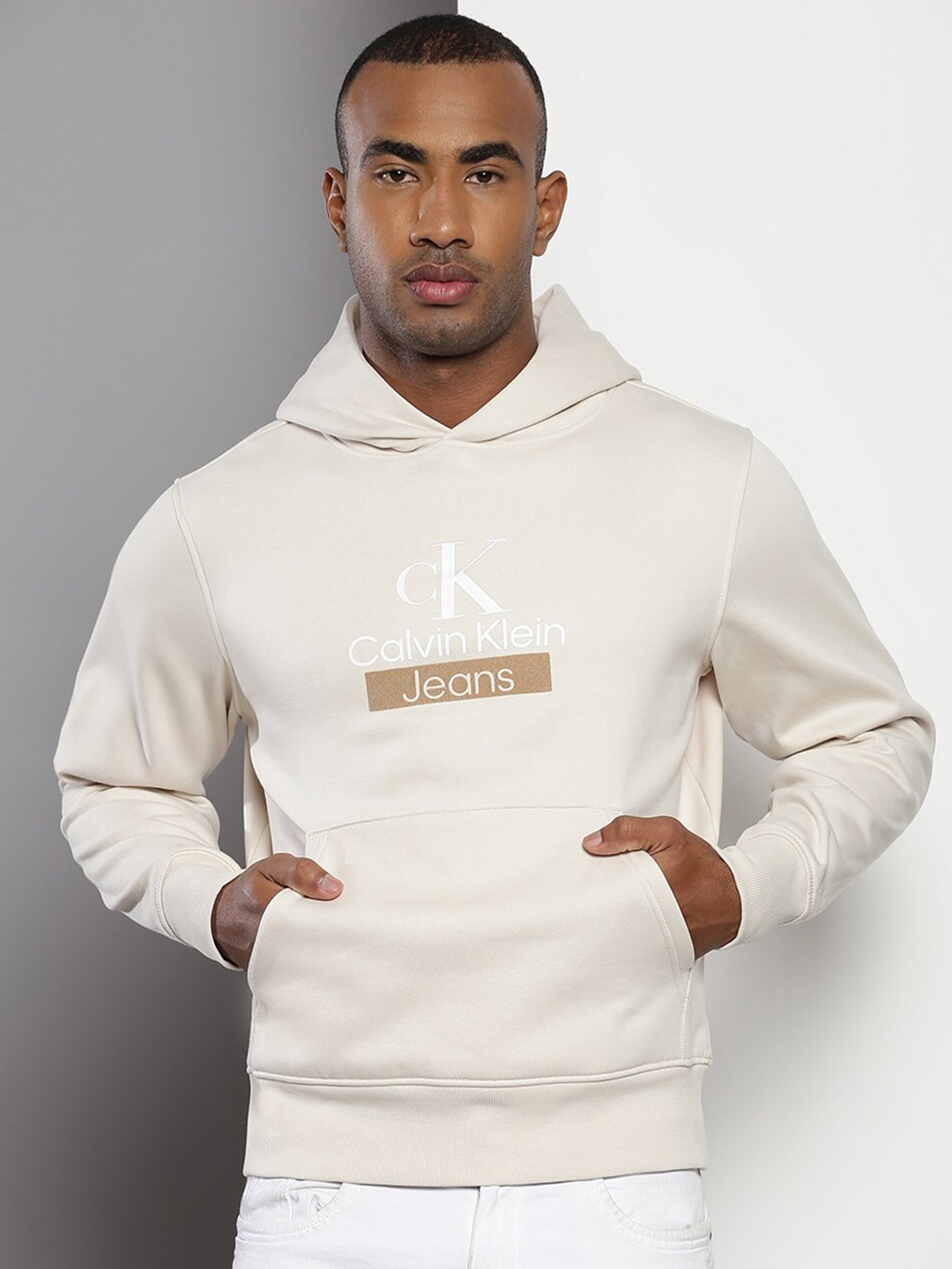 

Calvin Klein Typography Printed Hooded Cotton Pullover, Beige