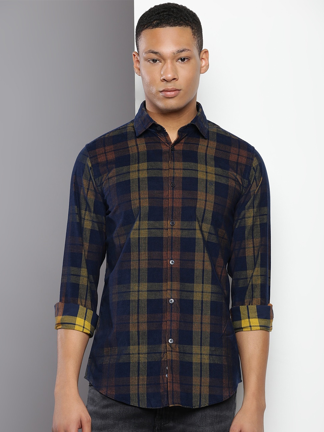 

Calvin Klein Slim Fit Tartan Checked Cotton Corduroy Casual Shirt, Navy blue