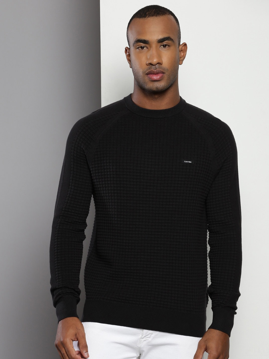 

Calvin Klein Jeans Self Design Pullover Cotton Sweater, Black