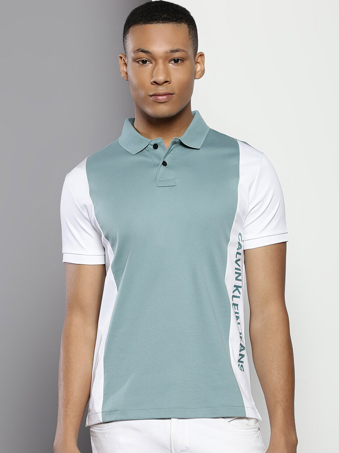

Calvin Klein Colourblocked Polo Collar Cotton T-shirt, Teal