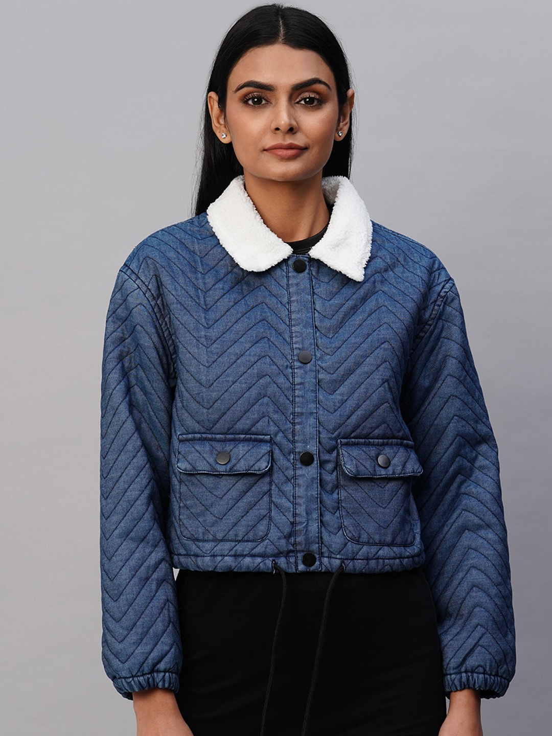 

Chemistry Denim Chevron Self Design Spread Collar Faux Fur Trim Tailored Jacket, Blue