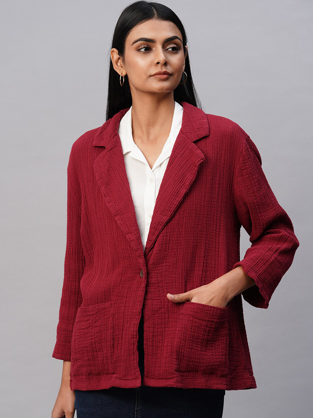 

Chemistry Lapel Collar Cotton Tailored Jacket, Burgundy