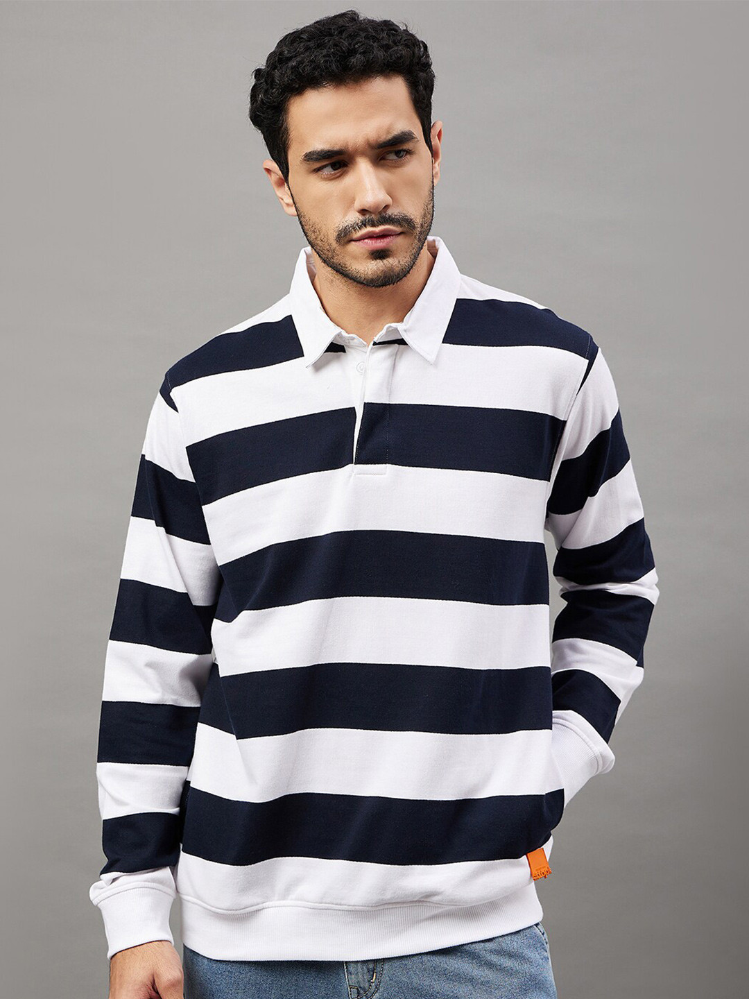 

Club York Striped Shirt Collar Cotton Terry Pullover Sweatshirt, White
