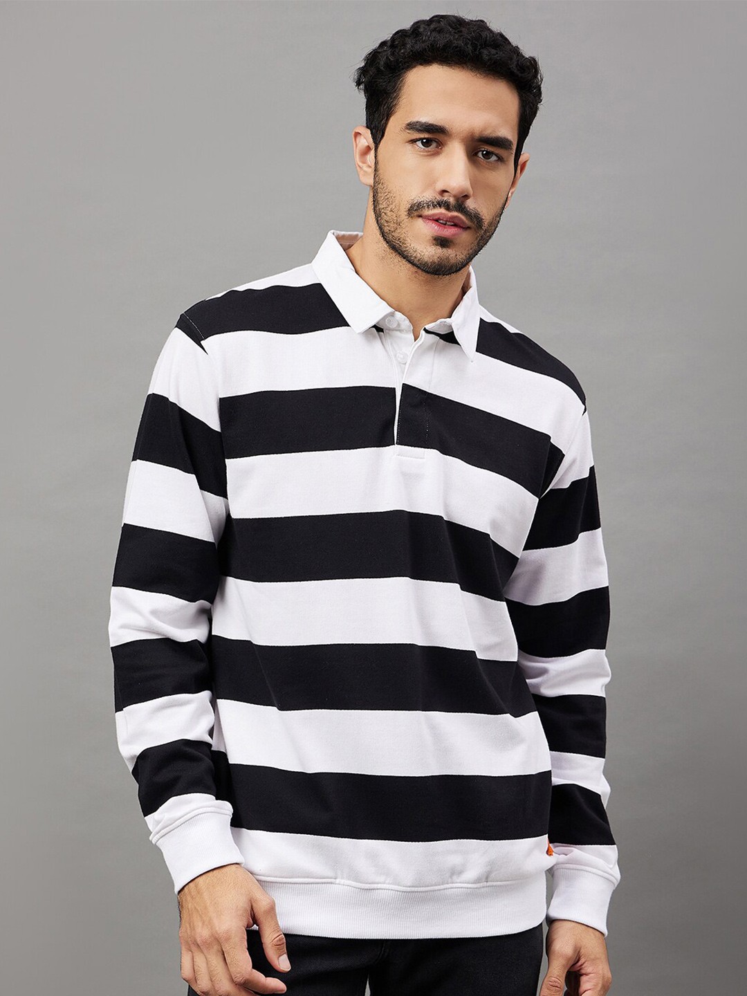 

Club York Striped Shirt Collar Cotton Pullover Sweatshirt, White